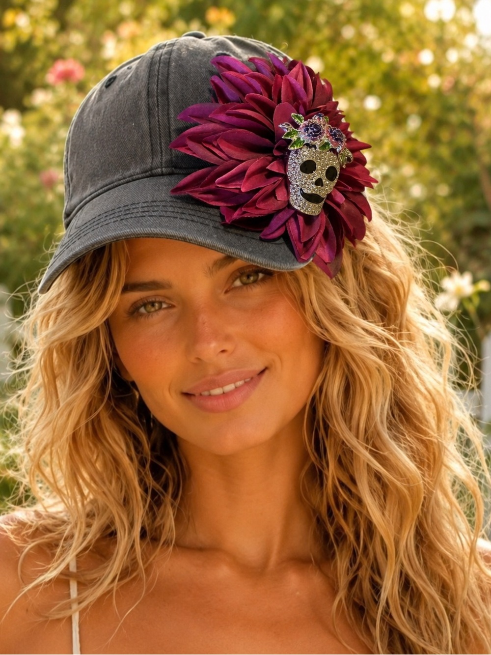 One of a Kind Gothic Floral Skull Embellished Baseball Cap JAM-07